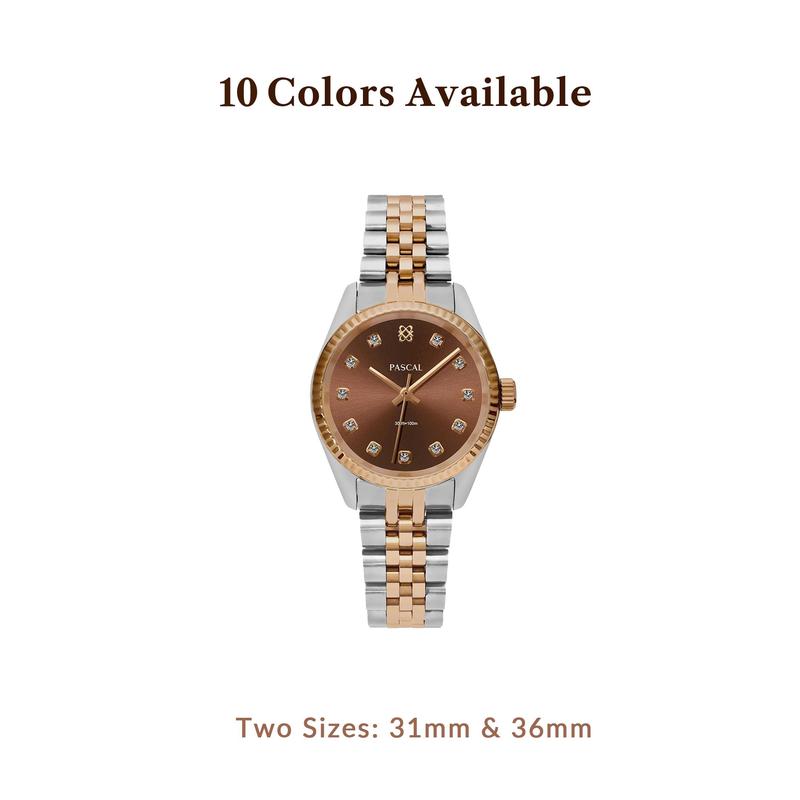 PASCAL Timeless Classic Diamond Watch for Women & Men 31mm & 36mm with White Lab-Grown Diamonds Swiss Ronda 763 Quartz Movement Stainless Steel Bracelet Everyday Luxury Gift