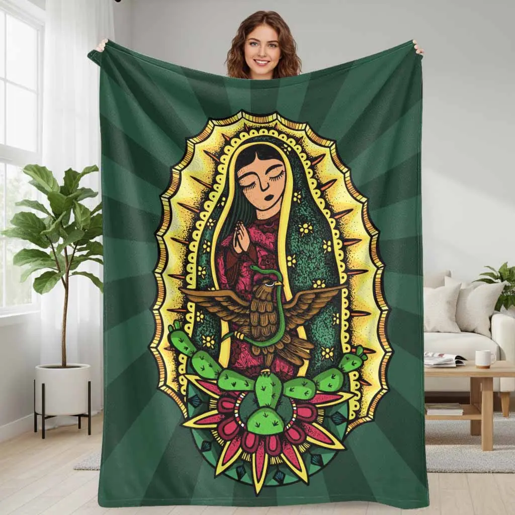 Our Lady of Guadalupe Flannel Blanket - Vibrant Mexican Cultural Art Print, Wrinkle Resistant, Anti-Pilling, Ultra Soft Plush Lightweight Microfiber, Multi-Size, Cozy Home Decor for Prayer, Spiritual Housewarming Gift