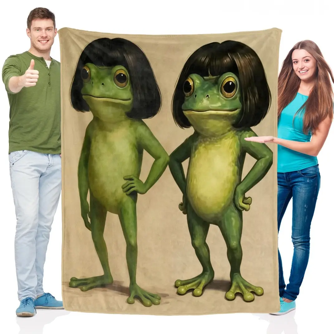 Whimsical Frog Portrait Canvas Throw Blanket - Funny Animal Room Decor, Bob Haircut Frog Meme Art, Quirky Green Aesthetic, Cozy Soft Bedding, Unique Mother's Day Gift & Birthday Present
