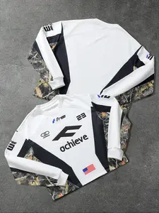 Men's Athletic Racing Style Long Sleeve Shirt, Branch Pattern Patchwork Design, Letter Number Print, Trendy Streetwear, Loose Fit Pullover Sweater, Sweatshirts