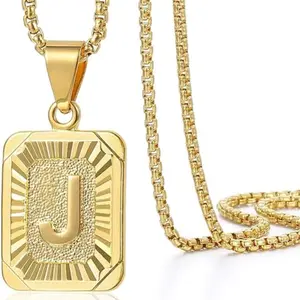 LuLuEcho 22inch Vintage Initial A-Z  square letter capital necklace alphabet Pendant Necklace Mens Womens Stainless Steel Box Chain ,Perfect Gift