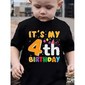 Boys' 4th Birthday T-Shirt - Soft Round Neck Short Sleeve With Fun Balloon & Ribbon Print, "It's My 4th Birthday" Letter Design, Black Casual Top For Youngsters, Spring Summer Top |   Playful Birthday Tee |   Comfortable Fit Tee