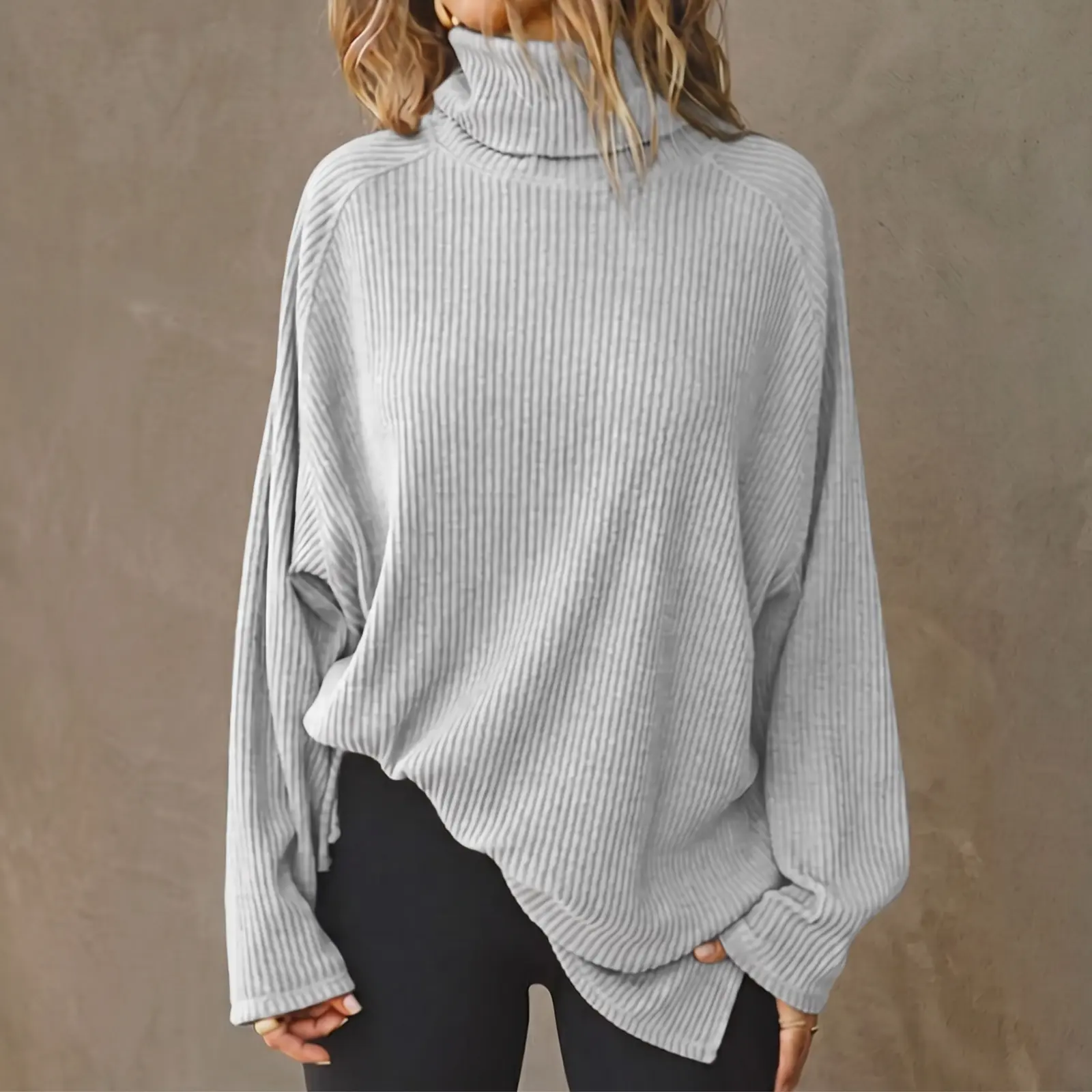 Imily Bela Women's Turtleneck Oversized Sweatshirt Long Batwing Sleeve Spilt Hem Tunic Pullover Knit Tops
