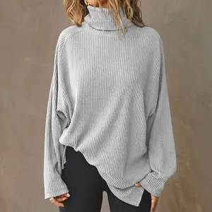 Imily Bela Women's Turtleneck Oversized Sweatshirt Long Batwing Sleeve Spilt Hem Tunic Pullover Knit Tops