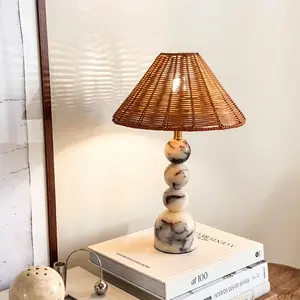 Calacatta Marble Stacked Ball Table Lamp with Hand-Woven Rattan Shade - Luxury Vintage Bedside Lamp for Bedroom Living Room Entryway