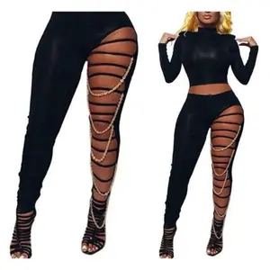 casual outfits women  Sexy Cutout Ripped Mid Waist Full-Length Stretchy Pants with Chain Decor Womenswear Black Bottom