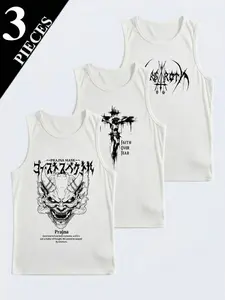 3PCS Men's Graphic Ribbed Tank Tops Multipack | Dark Aesthetic Gothic Sleeveless Shirts | Y2K Streetwear Punk Vest for Gym & Club | Breathable Grunge Style Muscle Tanks | Edgy Cyber Hell Graphic Tops | Value Pack Wardrobe Essentials