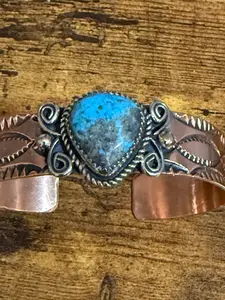 Navajo Inspired Copper Turquoise Cuff Bracelet Signed by Jackie Cleveland