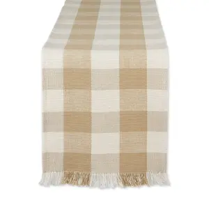 Design Imports Check Fringe Table Runner, Flax, 13 X 108"