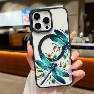 1-piece stained glass dragonfly pattern magnetic phone case for iPhone 11/17 Pro Max, compatible with Galaxy S25, S24, S23 Ultra. A perfect gift for birthdays, Valentine's Day, or for couples.
