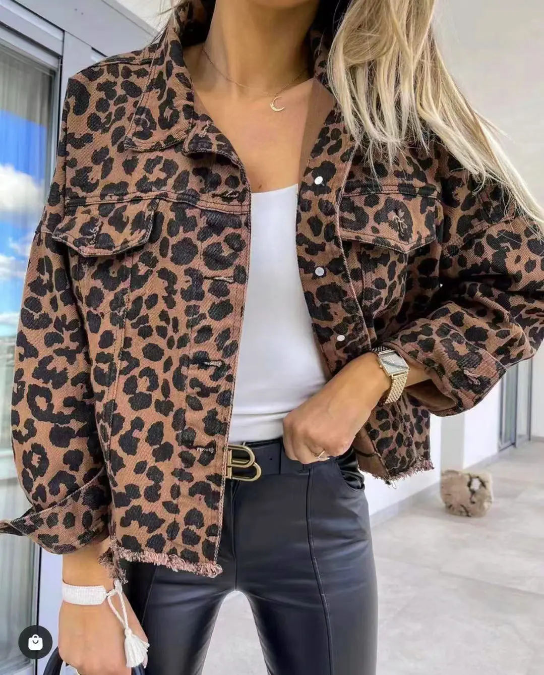 Womens Jacket-Leopard Raw Hem Denim Jacket