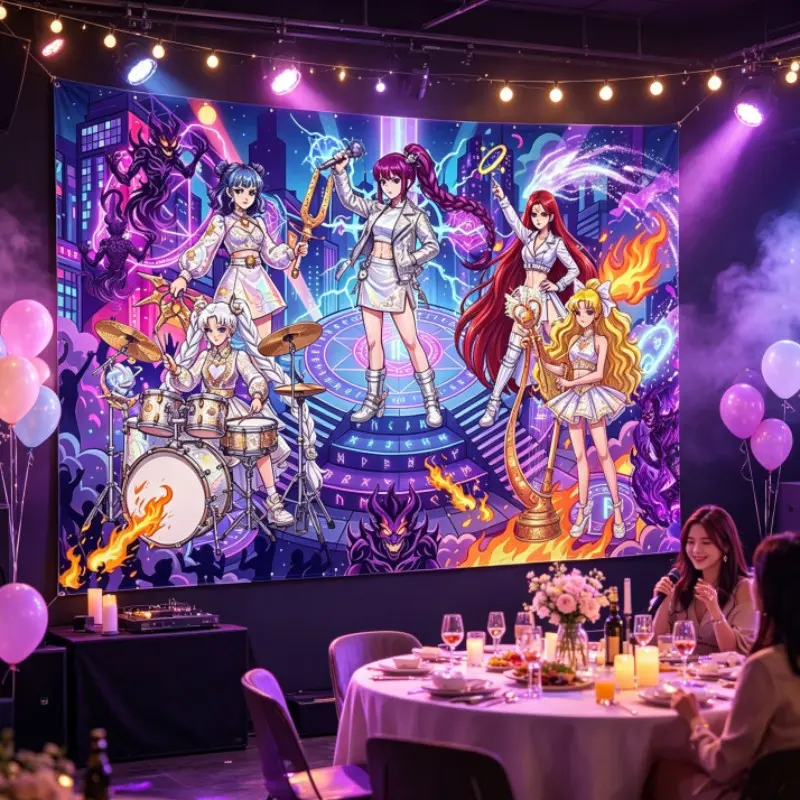 K-POP Cyber Girl—150x100cm Anime Style Party Backdrop, Fantasy Girls Concert Themed Photo Booth Background, Ideal for Events and Parties