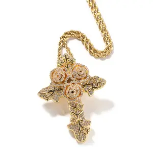 Cubic Zirconia Blooming Roses cross Necklace Iced Crosses Pendant Necklaces  Fashion Punk Rapper Jewelry For Gift