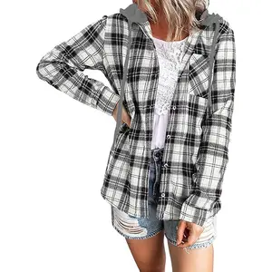 Womens Long Sleeve Plaid Hoodie Jacket Button Down Casual Boyfriend Blouse Shirts Tops Flannel Shirts with Pocket Womenswear Coats