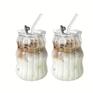 2/4 Pack 18oz Wave Bubble Textured Stylish Glass Cups Drinkware with Straw & Lid | BPA Free Reusable Clear Drinking Tumbler | for Water Tea Coffee Iced Drinks Beverages | Home Kitchen Dining Room Daily Use Ideal Gift