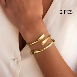 2 Pcs Trendy Gold Plated Bracelets for Women, Minimalist Clean Fit Stackable Bangles, Twist Cuff Bangle Set, Classic Delicate Bracelets Gifts for Women Daily Casual Party Holiday Outfit