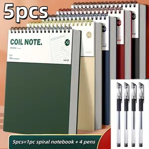 5-Piece Set Includes Spiral Notebook + 4 Pens, Vintage A5 Notebook, Dual-Sided Pages, Thick 80g Paper, Hard Cover, Watercolor Design, Office Stationery, Office Stationery Supplies
