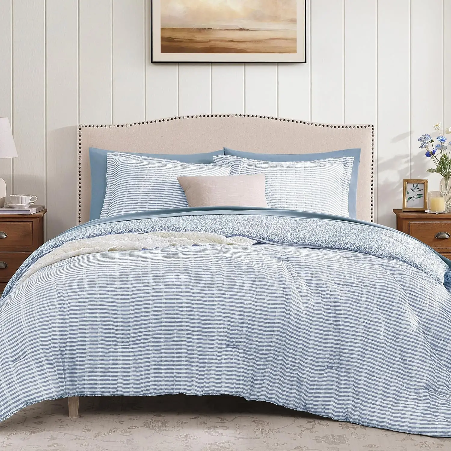 Comforter Set - 7 count Blue Gauze Muslin Bedding Sets for All Seasons, Lightweight Breathable Bed in a Bag  with Revesible Farmhouse Comforter, Sheets, Pillowcases & Shams