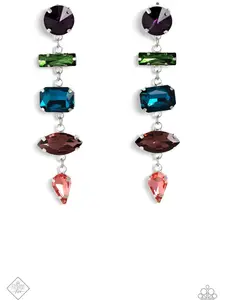 Connected Confidence - Multi Color Rhinestones in Various Shapes Trickle Down from Ear Silver Post Earrings