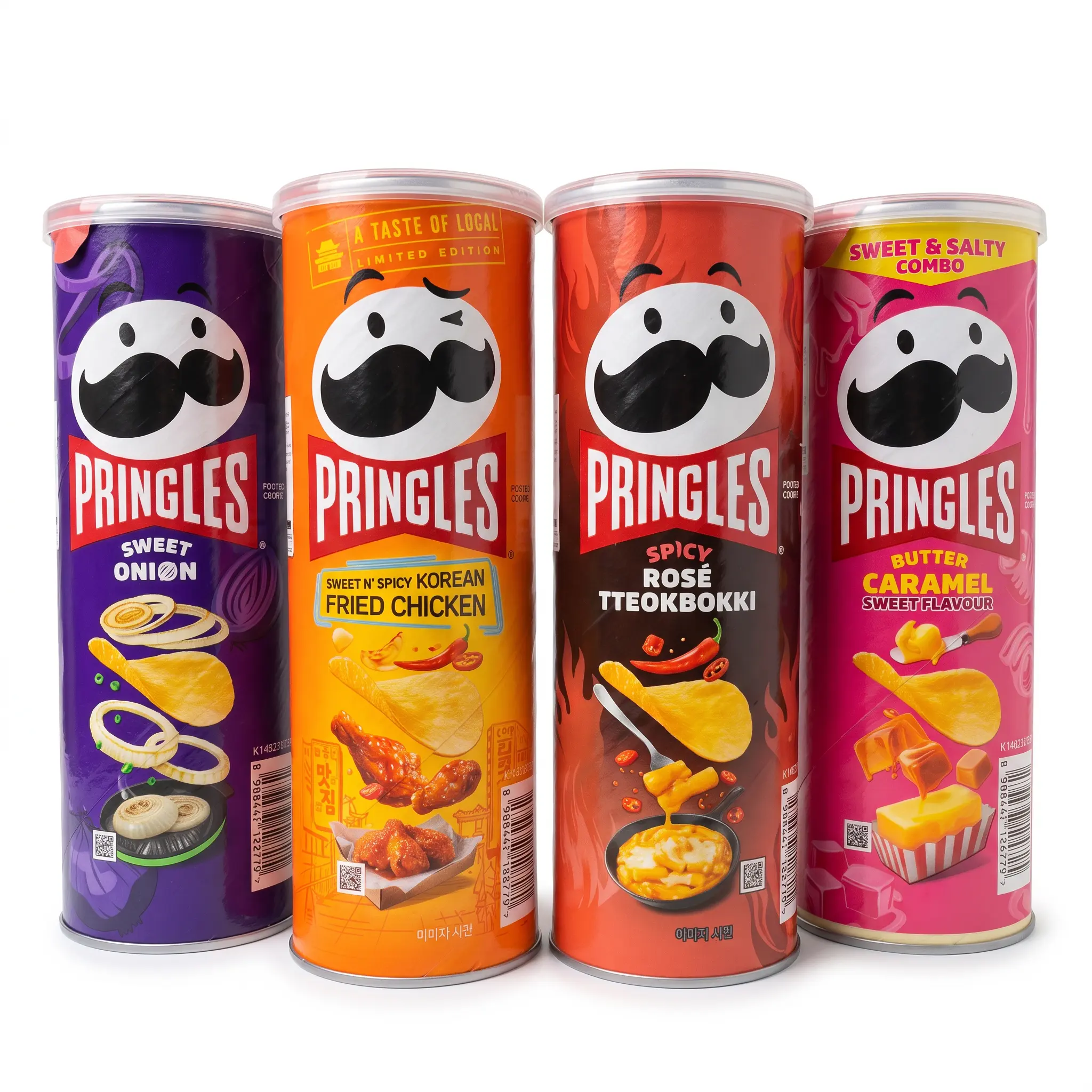 Korean Pringles Exotic Flavor Variety Pack 4 Cans, Hot Tteokbokki, Korean Fried Chicken, Sweet Onion & Butter Caramel