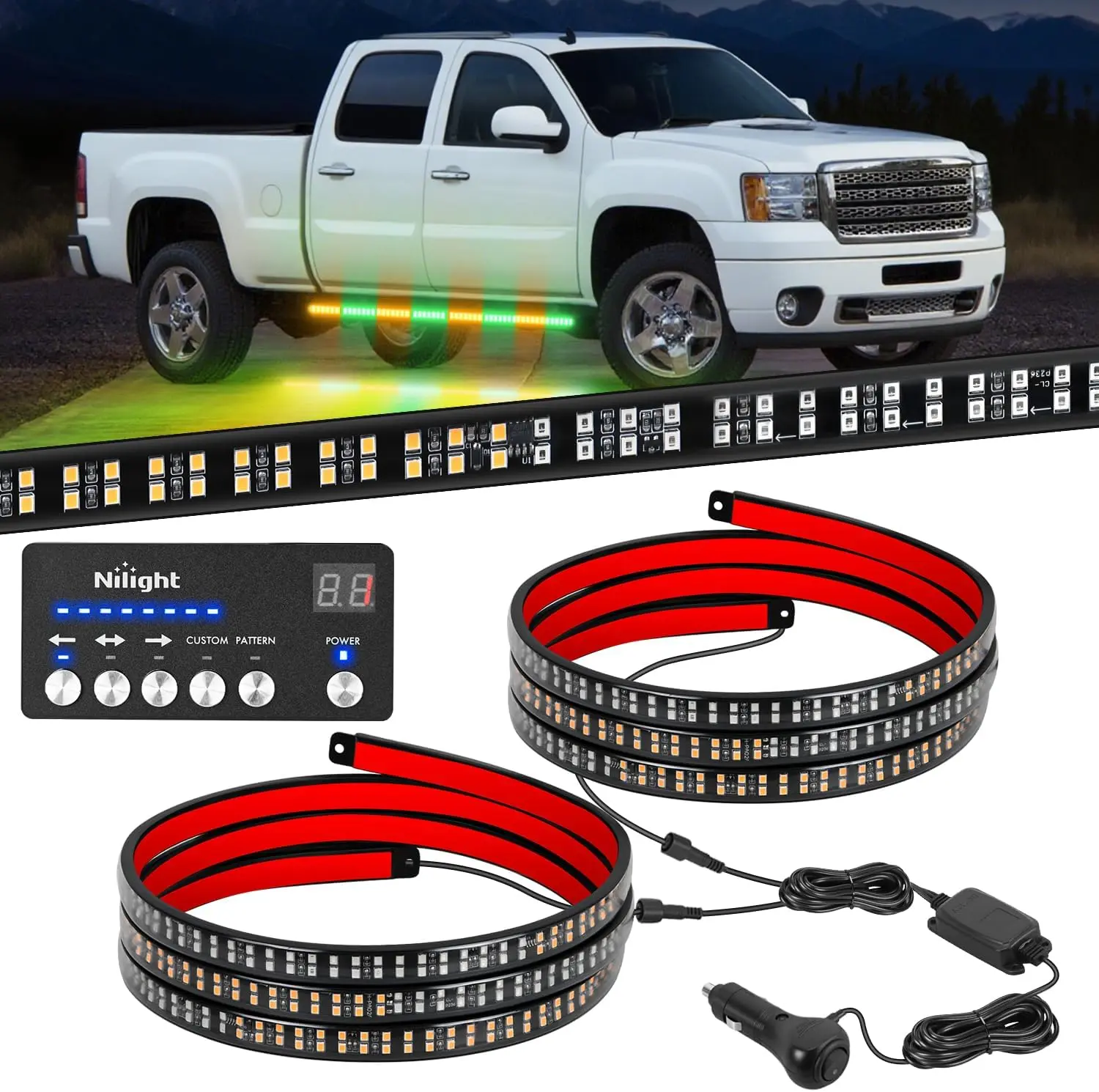 Nilight 2PCS 70in Adhesive Tape PVC Hose Strobe Strip Lights with Controller, 864 LEDs, 38 Strobe Modes, LED Display, Amber Green IP67 Waterproof Running Board Safety Lights for Trucks, Easy Installation, Day/Night Use, Ip67 Rated, Day Or Night Use