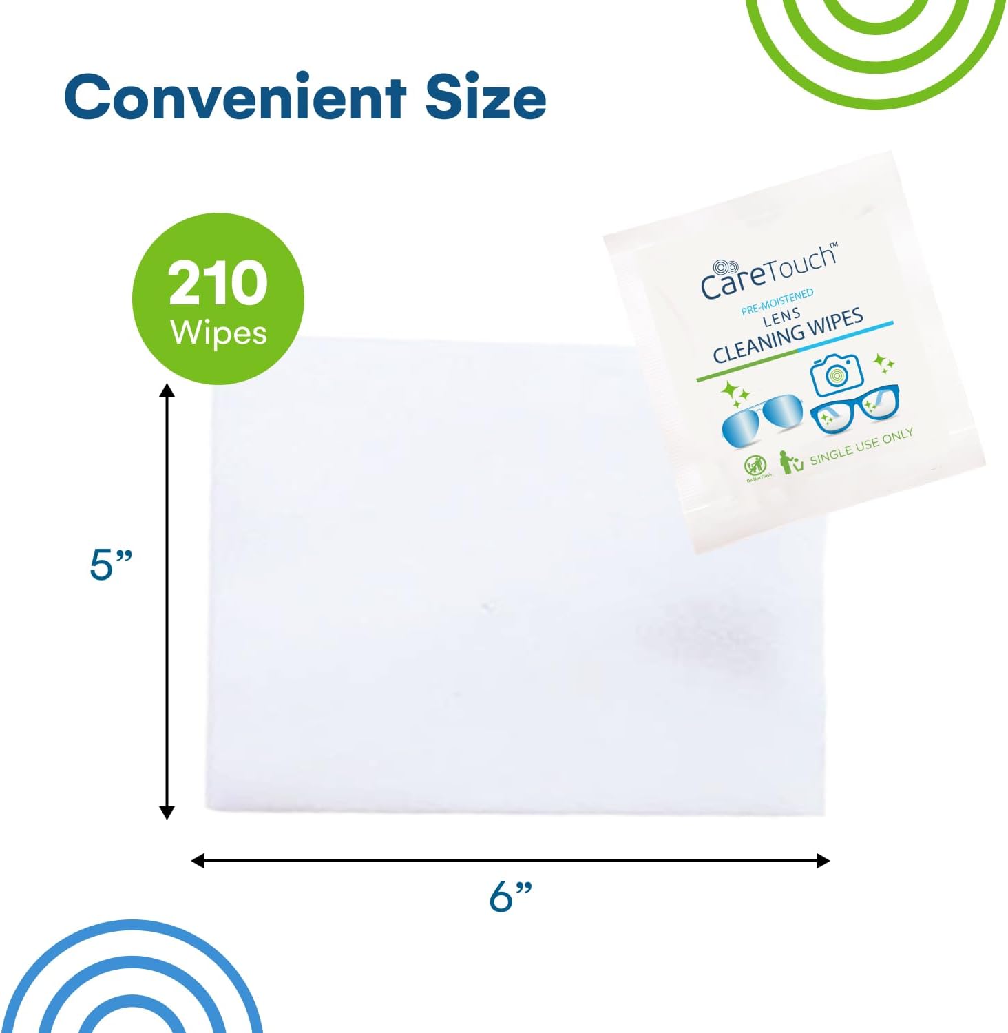 Care Touch Lens Wipes for Eyeglasses 210 Count Individually Wrapped Pre-Moistened Wipes 5 x 6 Inch No Streak Formula Gentle Effective for Camera Lens Sunglasses and Glasses Cleaner