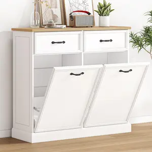 Elegant Tilt-Out Trash Cabinet - Hidden Garbage Storage for Kitchen, Dining, and Living Room - Freestanding White Cabinet for Stylish Waste Management