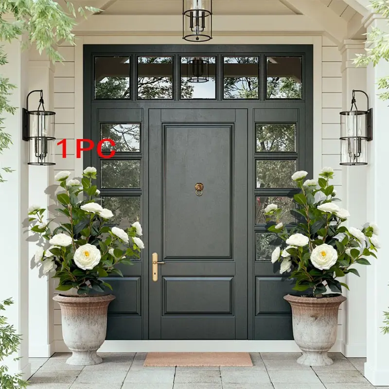 Artificial plant outdoor camellia tree, Faux Camellia Flowers, Faux flower decorations, UV-resistant indoor and outdoor artificial flower, no need for care, home, office decoration, suitable for all seasons, sturdy black base, easy-to-clean material