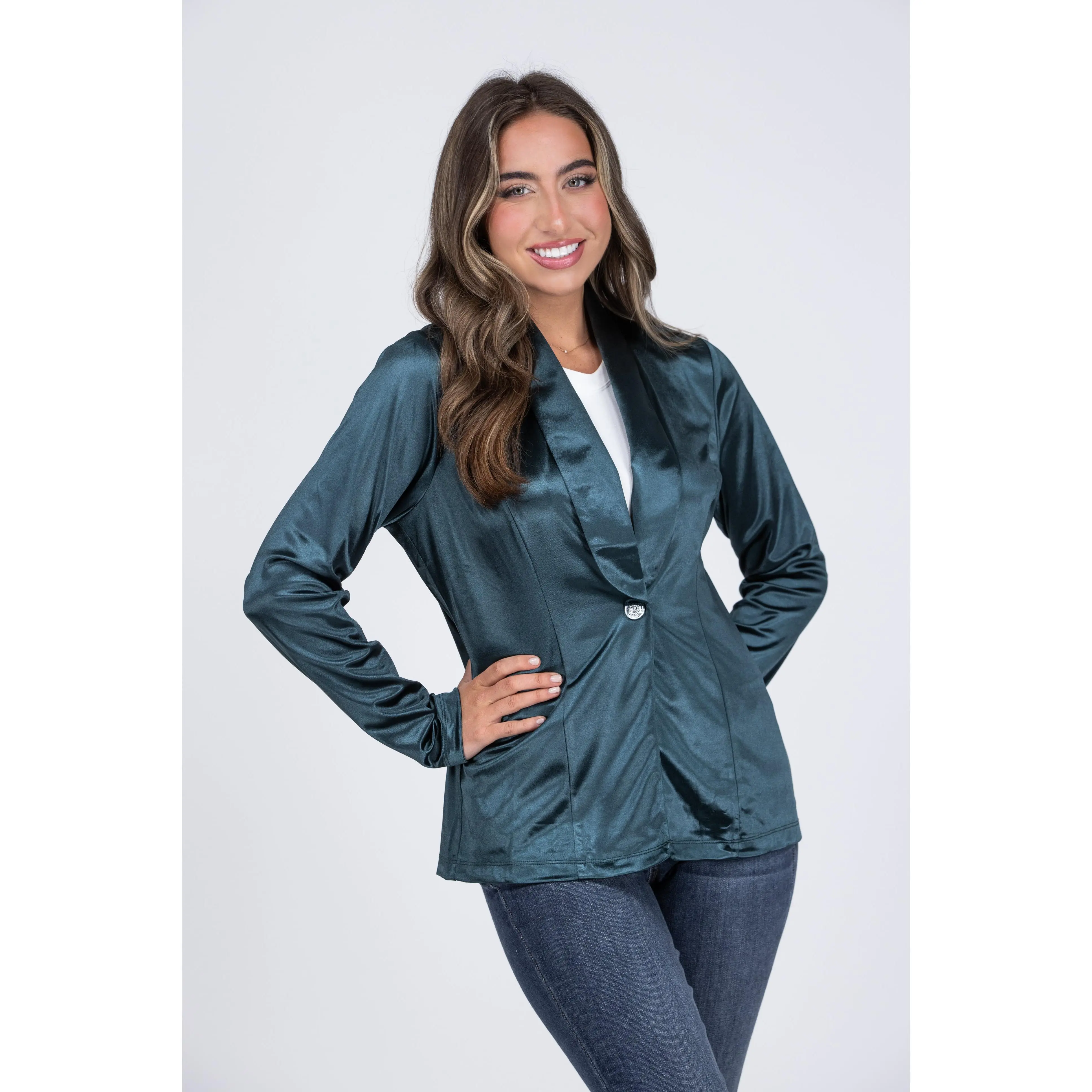 Women's Fitted Satin Blazer with Spandex - Long Sleeve Single Button Formal Jacket for Office & Dressy Events, Dress, Slacks, Straight, High Waisted