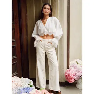 Cider Washed Denim Low Rise Floral Embroidery Wide Leg Jeans