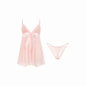 Cider Chiffon V-Neck Lace Bowknot Nightdress With Thong Set