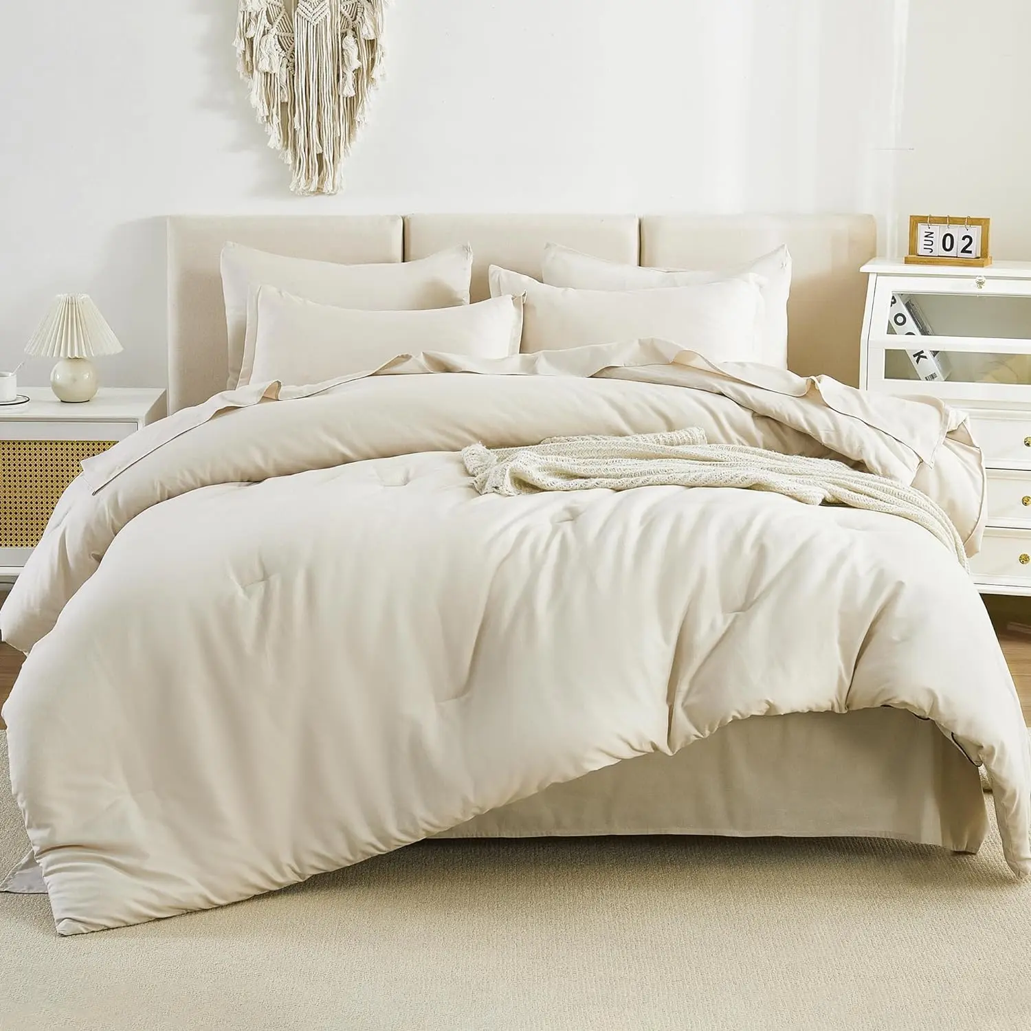 California King Comforter Beige - 7 a Bag Cal King Comforter Sets, Plain Lightweight with Comforter,, Pillowcases  Shams