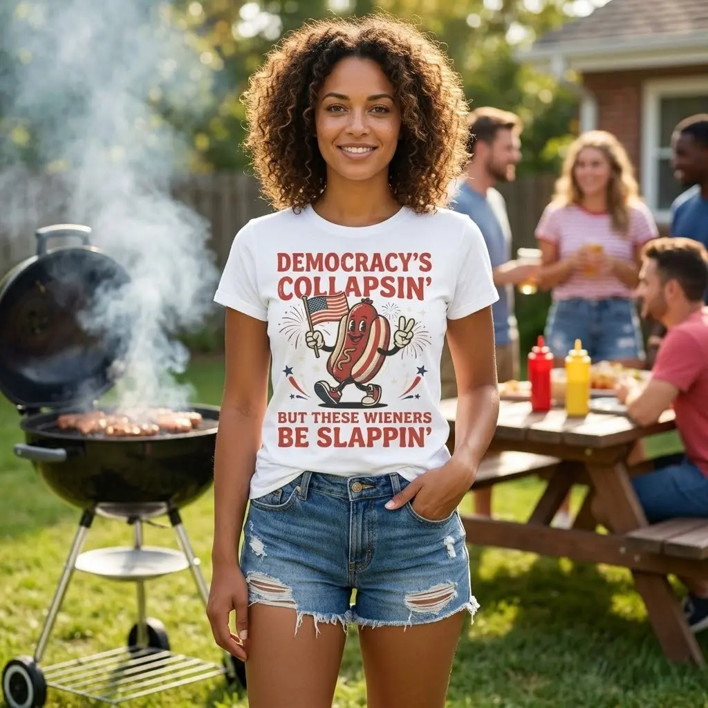 Democracy's Collapsing Short-Sleeve Round Neck Casual All-Seasons Tops, Funny Patriotic Graphic T-Shirt for Sports & Outdoor Activities, Shortsleeve