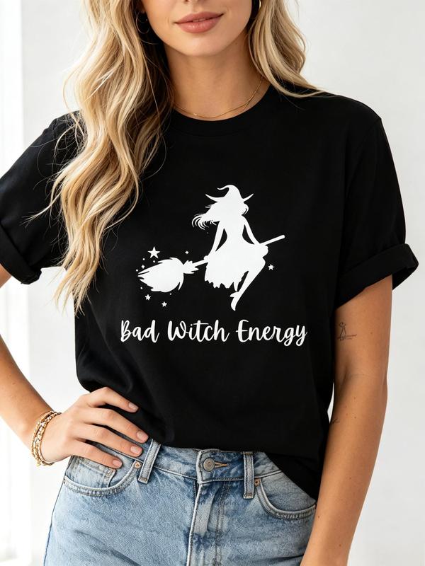 Women's Fitted Cotton Blend Short-Sleeve Halloween Tee - Casual, Comfortable, Unisex Fit, "Bad Witch Energy" Graphic Print, Crew Neck, Breathable, Streetwear Top, Embrace Your Inner Enchantress