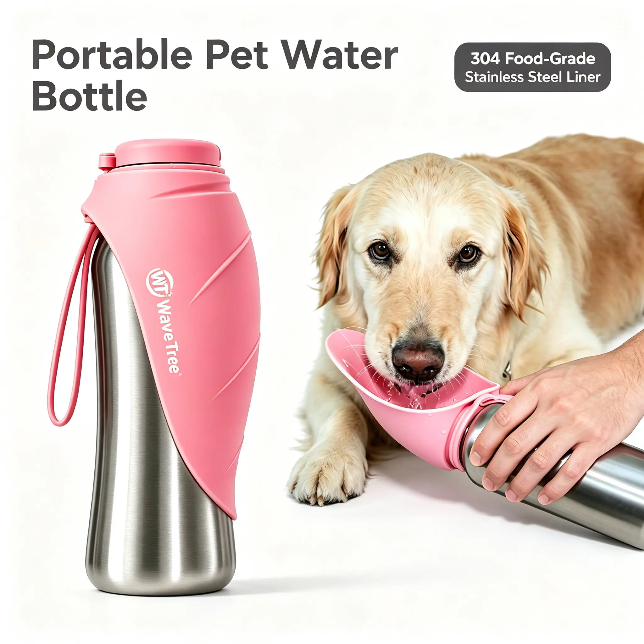 2-in-1 Stainless Steel Animal Water Bowl & Portable Dog Water Bottle, 24 fl oz Leakproof Single Unit with 1-Push Fill Dispenser, Easy Carry Wave Tree Pet Supply for Travel, Hiking