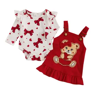 Baby Girls Easter Outfit Egg/Bow Print Rompers and Bunny/Bear Suspender Dress Set Summer Cute Clothes