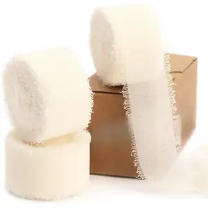 Ivory Ribbon 1 Inch x 3 Rolls Total 24 Yards Ivory Handmade Fringe Chiffon Silk Ribbon for Wrapping Wedding Invitations Bridal Bouquets DIY Crafts Home Decor