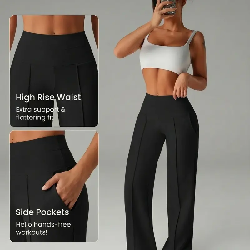 Women's Soft Knit Sporty Sweatpants, High Waist Wide Leg Running Pants with Pockets, Fitness Running Bottoms, Comfortable Fashion Style for Outdoor and Casual Sports, Elastic Waist Activewear, Gym Sportswear Bottoms, Knitted Sports Pants