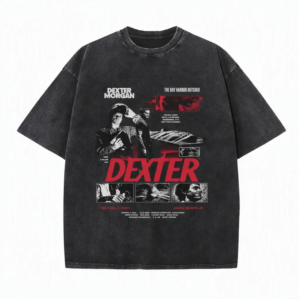 Dexter Vintage Bay Harbor Butcher Graphic Tee 90s Morgan Movie Print Crew Neck Soft Cotton Casual Short Sleeve Trending Streetwear Top Unisex Mens Womens Funny Film Fan Apparel Gift