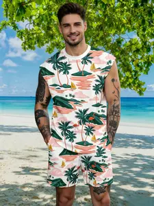 Beach Vibes Island Print Sleeveless Set, Casual Slim-Fit Graphic, Perfect for Summer Vacations, Trendy No-Zipper Design