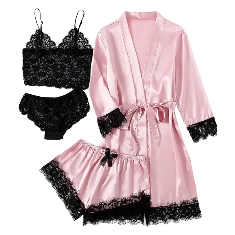 Women's 4-piece Pajamas Satin Floral Lace Trim Suspender Pajama Set (Including Robe) Loungewear Nightwear Womenswear Homewear Pjs Basic Minimalist Pink night gown women