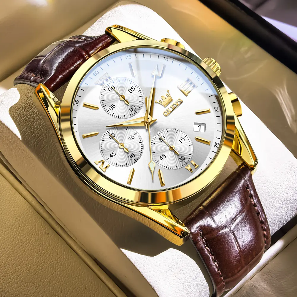 OLEVS Luxury Men Quratz Watches White/Blue/Brown/Black Leather 30M Waterproof Men's Watches