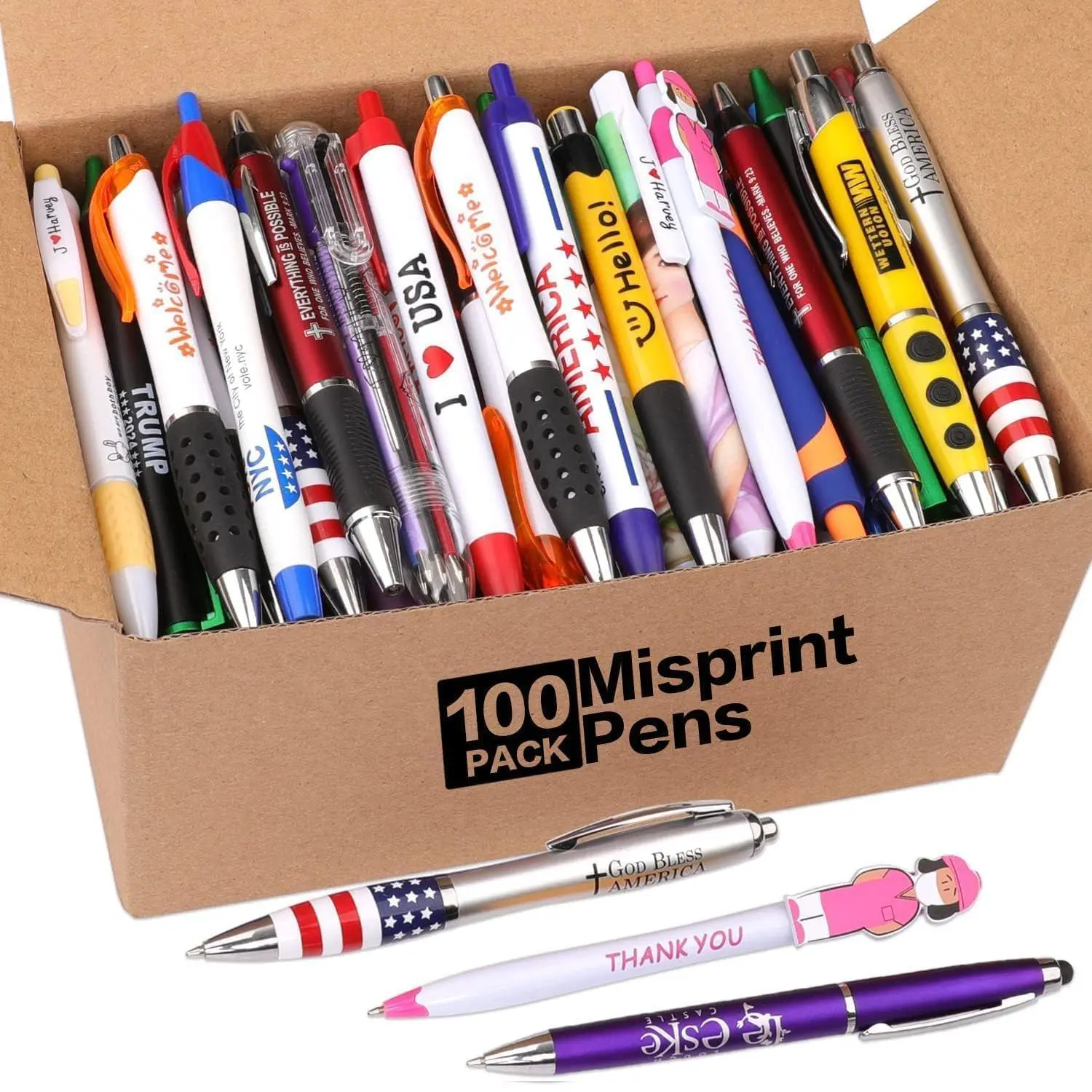 Sikao Wholesale Lot of 100 Misprint Ink Pens Bulk, Assorted Click Retractable Ballpoint Pens Smooth Writing Server Pens for Office School, Misprinted Pens, Waitress Pens Rollerball Pen Set