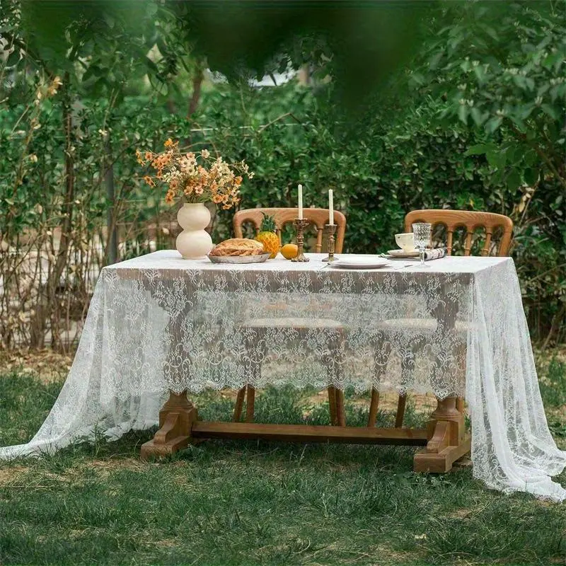 Elegant French White Lace Tablecloth - 100% Polyester Woven Rectangular Covering with Intricate Floral Patterns, Ideal for Dining Tables, Sophisticated Home Decor, Outdoor Dining Accessories, French Style Home Supplies