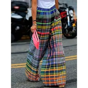��Plus Size�� Colorful Plaid Print Wide Leg Pants, Casual Comfy Trousers for Daily Wear, Women's Bottoms for All Seasons, Casual Fashion Trousers