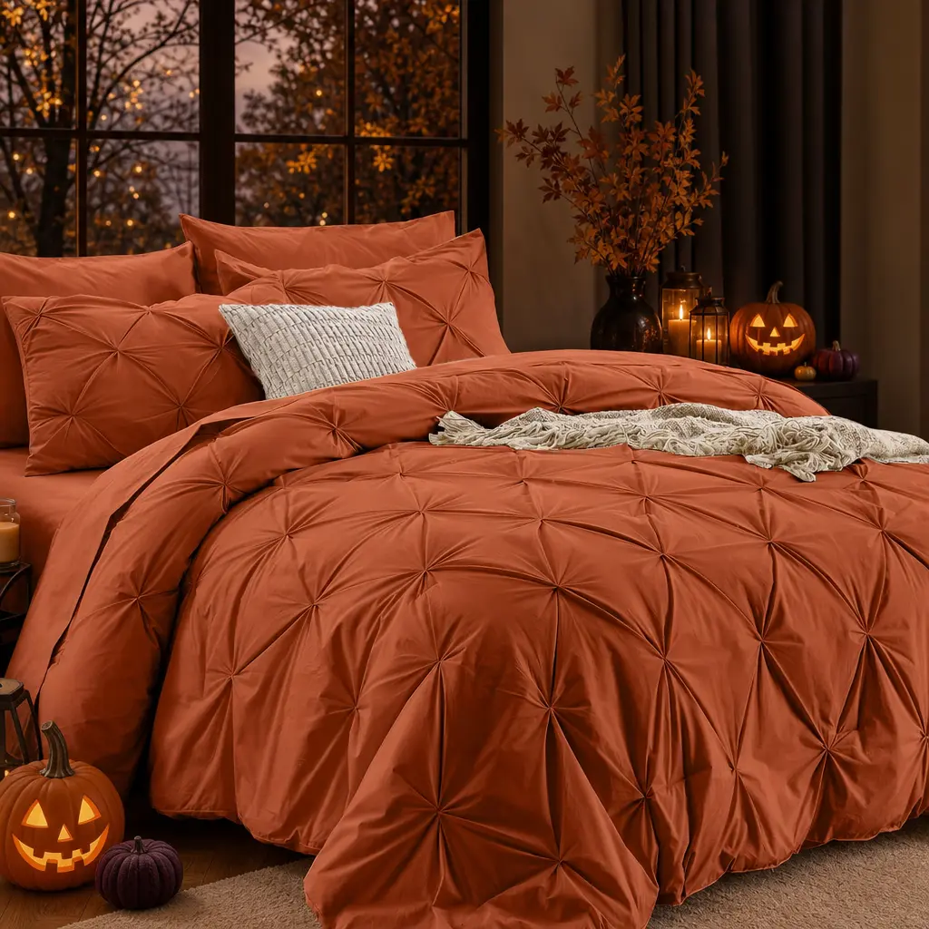 Sasttie 7-Piece Queen Comforter Set - Bed in a Bag with Tufted Fabric, Halloween,Pintuck Design, All Seasons Bedding Including Comforter, Flat Sheet, Fitted Sheet, Pillowcases & Pillowshams, Burnt Orange