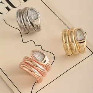 1count - Elegant Bohemian Snake-Shaped Quartz Wrist Watch for Women - Flexible Spring Band, Oval Dial, Shock-Resistant Accessory, Stylish Timepiece, Snake Motif Design, Embellished Band, Fashionable Stylish Watch