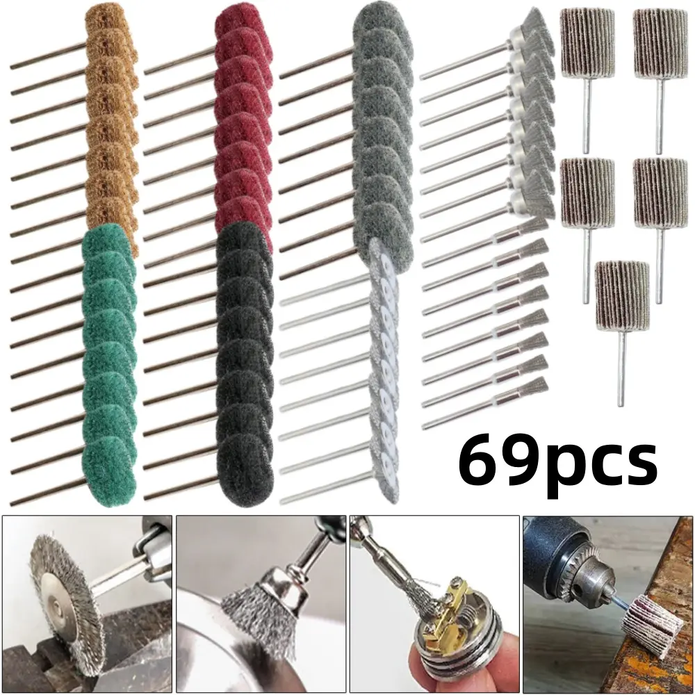 69-Piece Multi-Purpose Wheels Kit with Wire Bristles, Deburring Tools, Mini Brush Set for Metal Polishing, Wood Grinding, Face Covering Masks & Fashion Accessories Maintenance