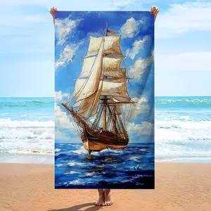 Large Sailboat and Nautical Beach Towel - Large Microfiber Bath Towel, Quick-Dry Nautical Design with Sailboat, Waves, and Nautical Clouds - Suitable for Swimming, Travel, Pool, Camping, Unisex