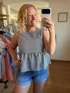 Black Gingham Sleeveless Peplum Top